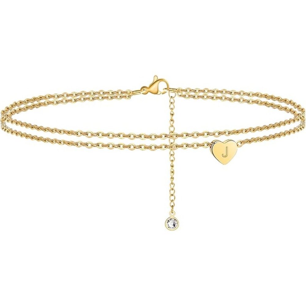 Gold Initial Ankle Bracelet 14K Gold Plated Personalized Letter J Anklet Gift - Picture 2 of 6